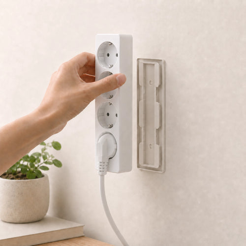 AnchorMount, Anwendungszene, weißer Kunststoff, montierte Steckdosenleiste an heller Wand über Holzoberfläche