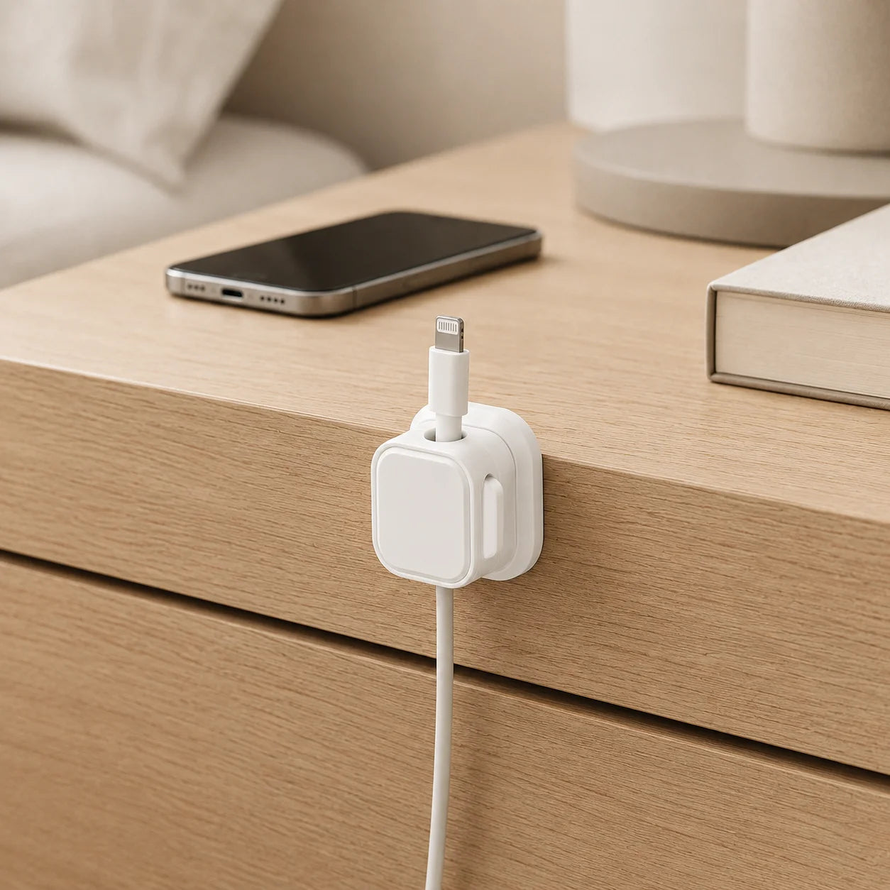 CableRest, Anwendungsszene, weißer Kunststoff, weißes Ladekabel am Nachttisch aus Holz fixiert