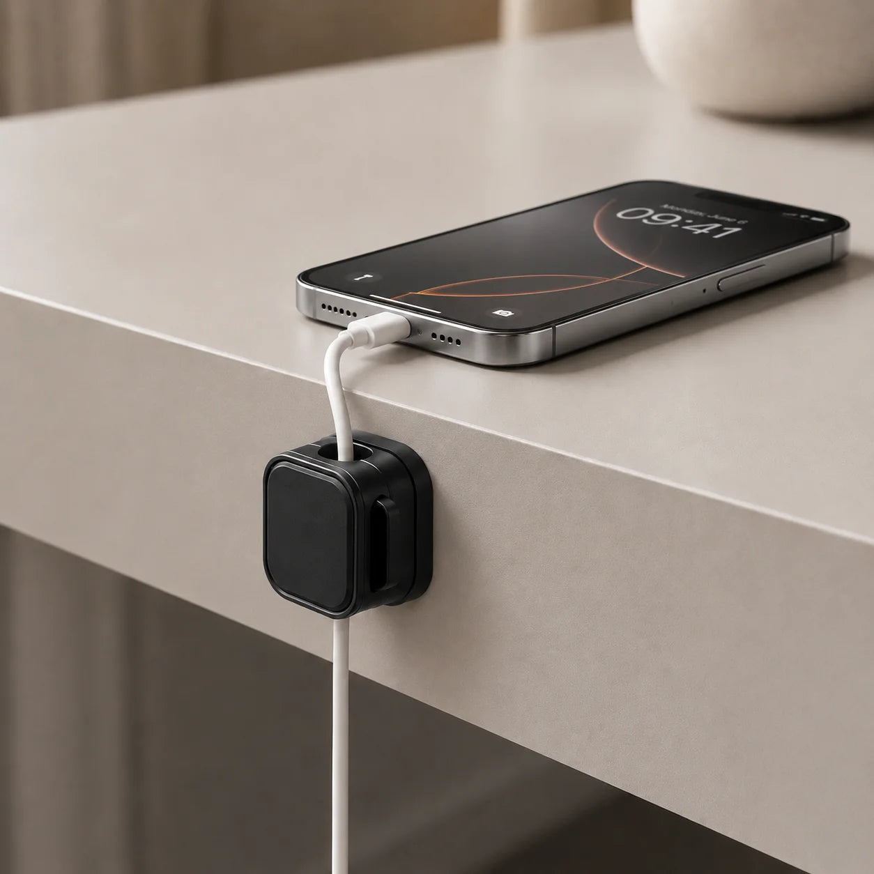 CableRest, Anwendungsszene, schwarzer Kunststoff, weißes Ladekabel an heller Schreibtischkante fixiert und mit Smartphone verbunden