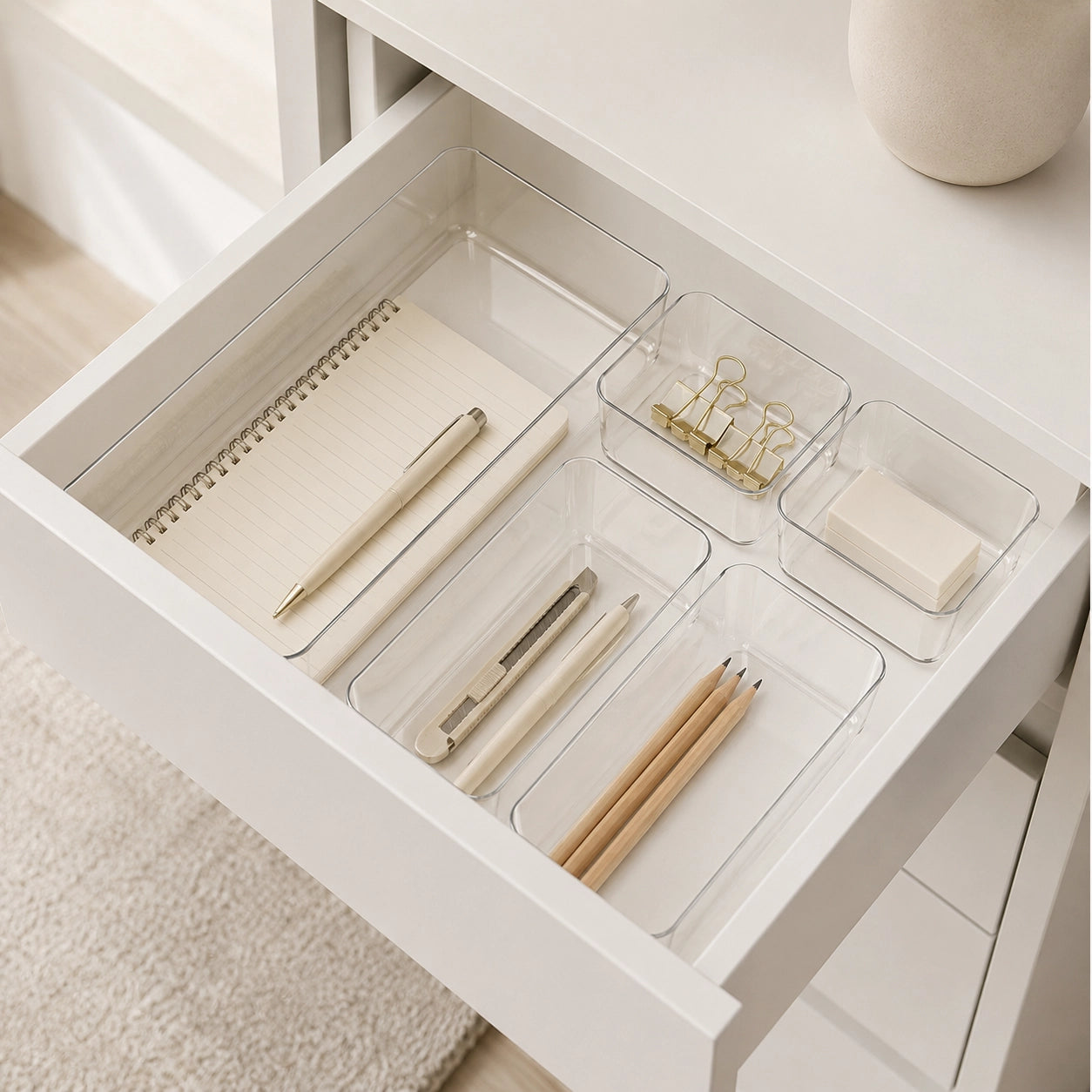 ClearTray L-Set, Anwendungsszene, transparenter Kunststoff, in organisierter Schreibtischschublade