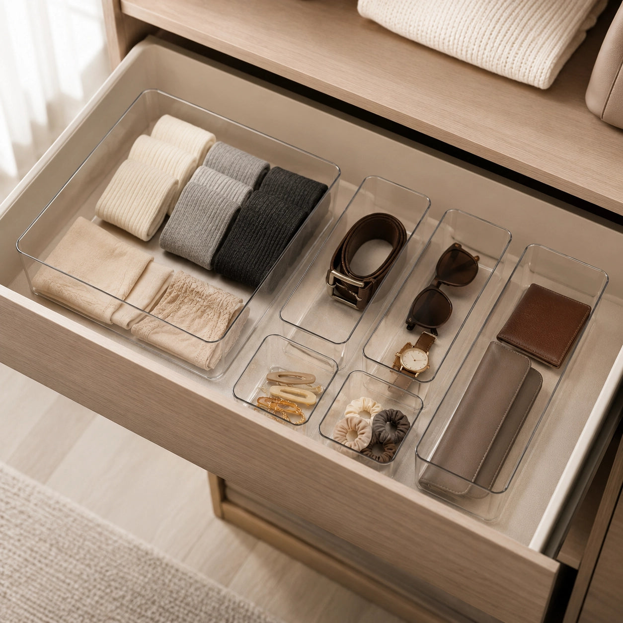 ClearTray XL-Set, Anwendungsszene, transparenter Kunststoff, in organisierter Kommodenschublade