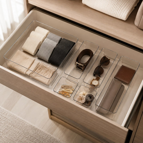 ClearTray XL-Set, Anwendungsszene, transparenter Kunststoff, in organisierter Kommodenschublade