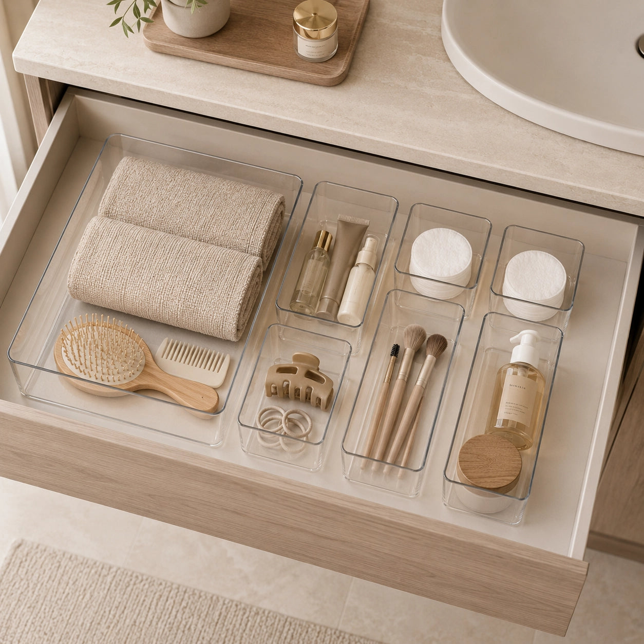 ClearTray XL-Set, Anwendungsszene, transparenter Kunststoff, in organisierter Badezimmerschublade