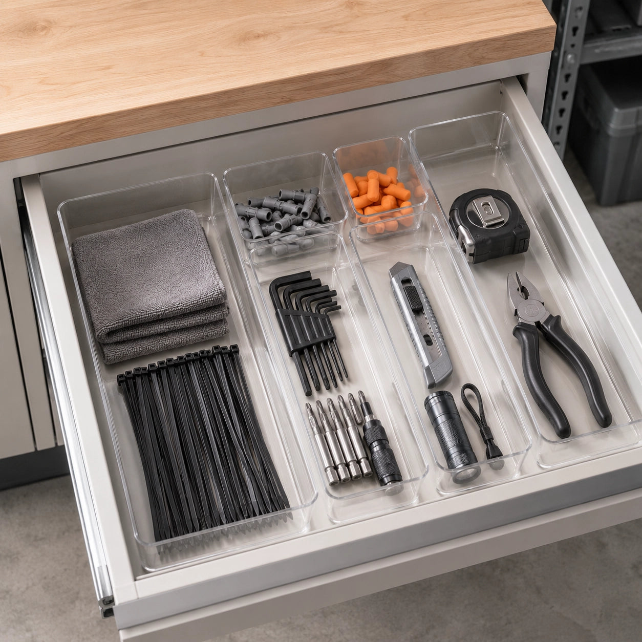 ClearTray XL-Set, Anwendungsszene, transparenter Kunststoff, in organisierter Werkstattschublade