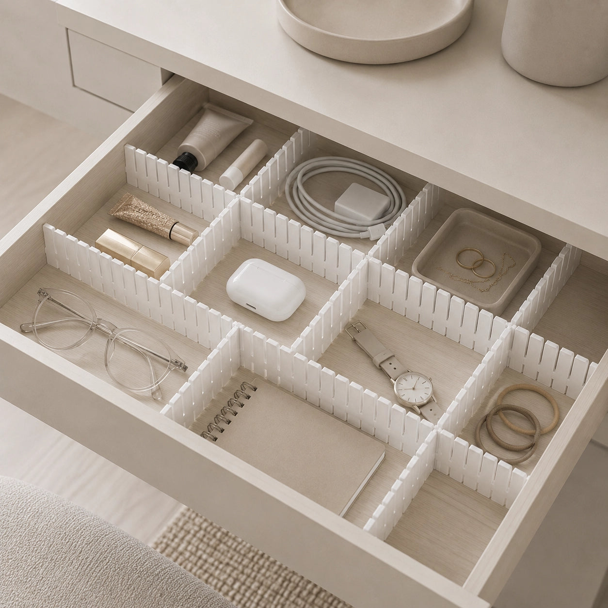 DrawerGrid Schubladenteiler, Anwendungsszene im Schlafzimmer, weißer Kunststoff, organisierte Kommodenschublade mit Accessoires und Schmuck