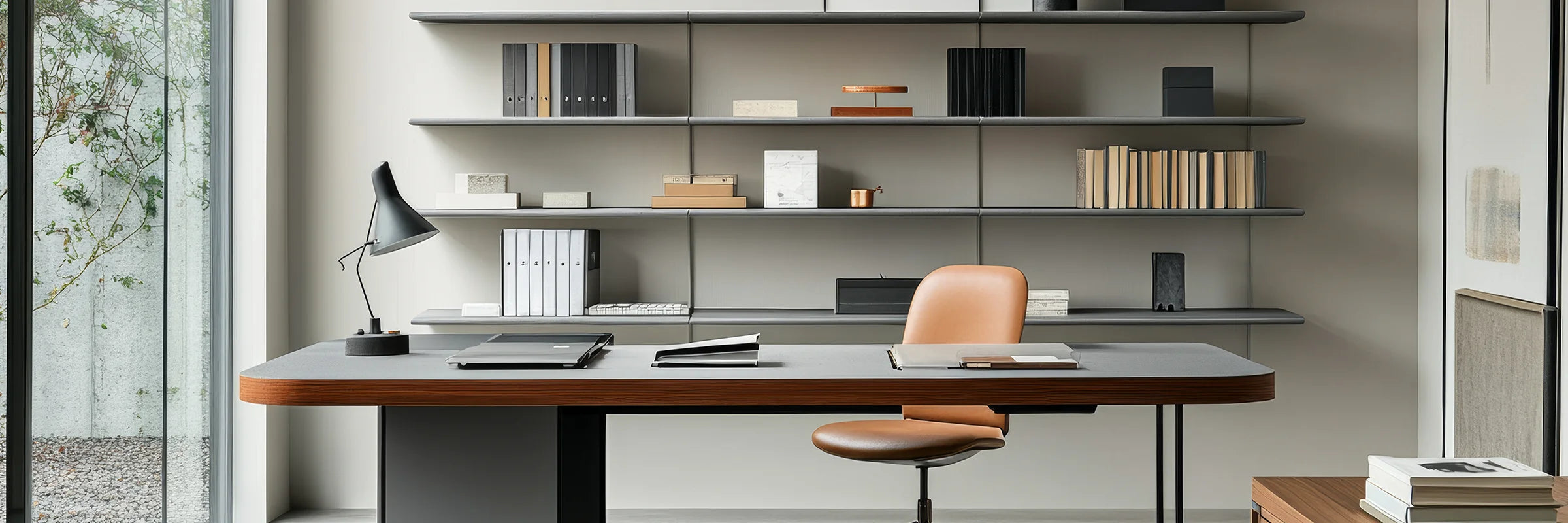 arbeitsplatz mit schreibtisch, lampe und regalen, ruhiges und aufgeraeumtes setup