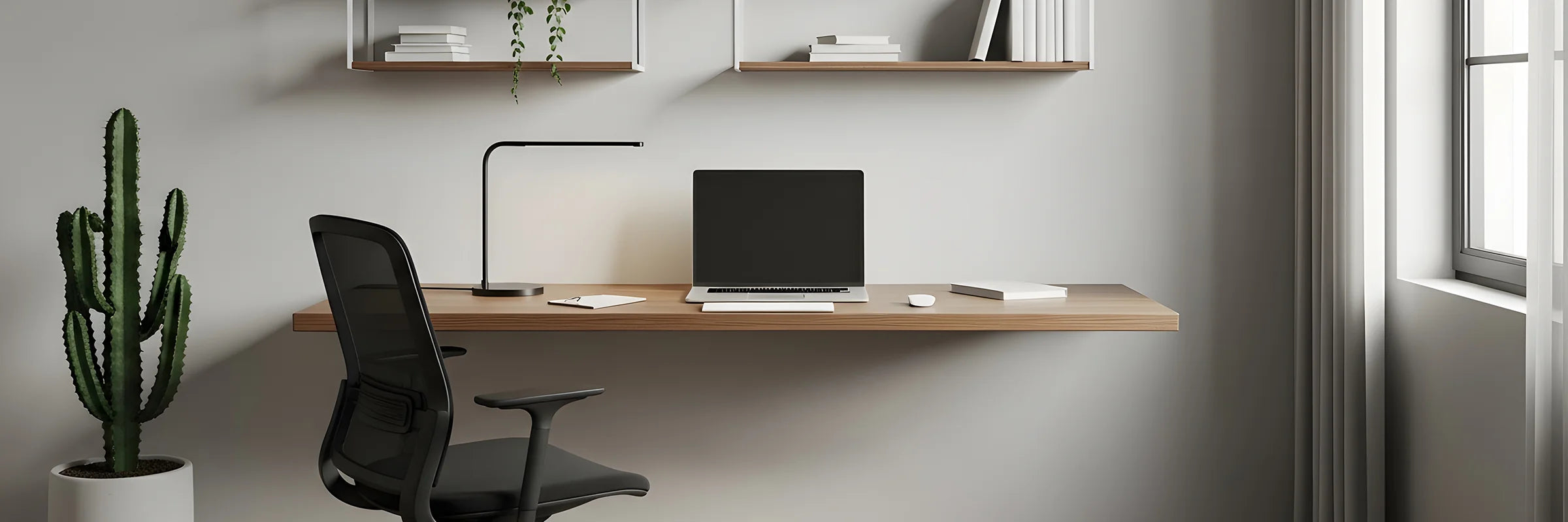 arbeitsplatz, schreibtisch mit monitor, lampe und stuhl, ruhiges setup
