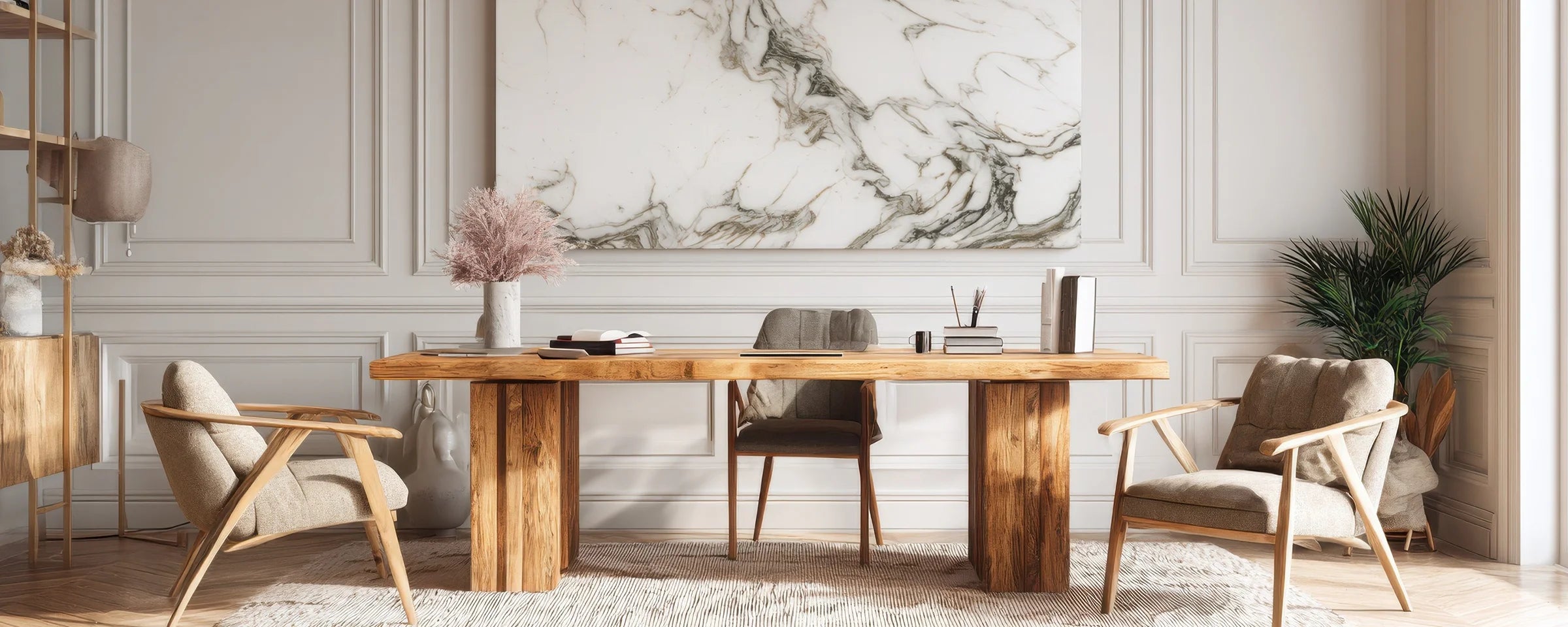 arbeitsplatz, schreibtisch mit zwei sesseln, holz und stein, ruhiges setup