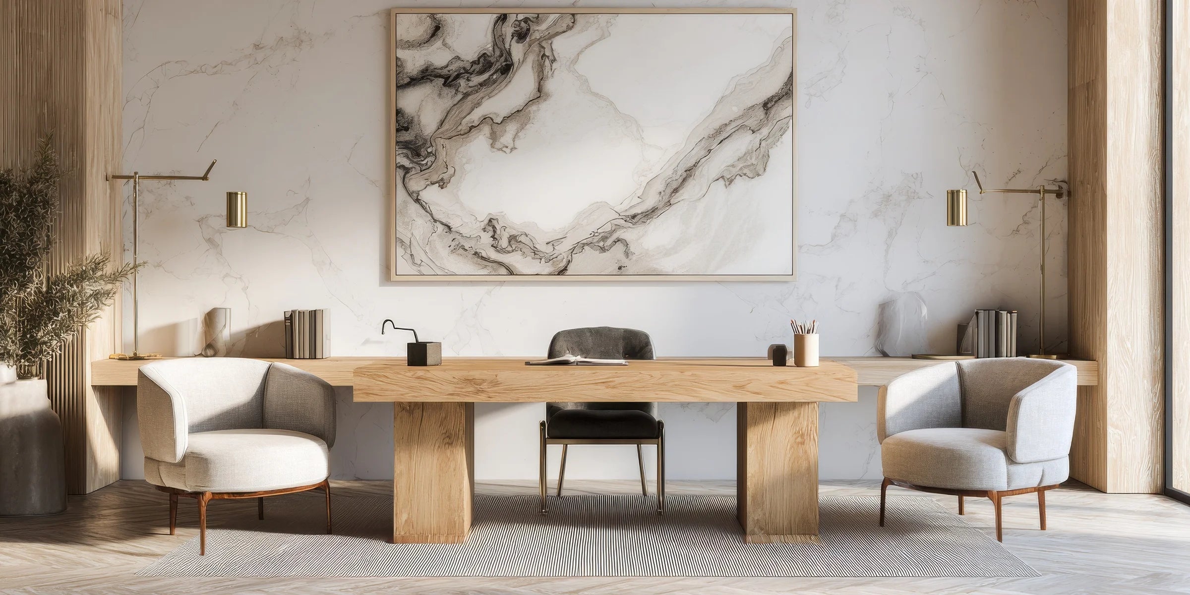 arbeitsplatz, grosser schreibtisch mit sesseln, marmorwand, ruhiges setup