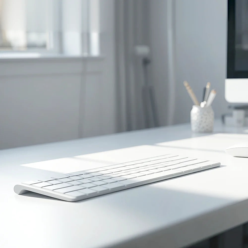 tastatur, schrägansicht, schreibtisch-setup, weiches tageslicht