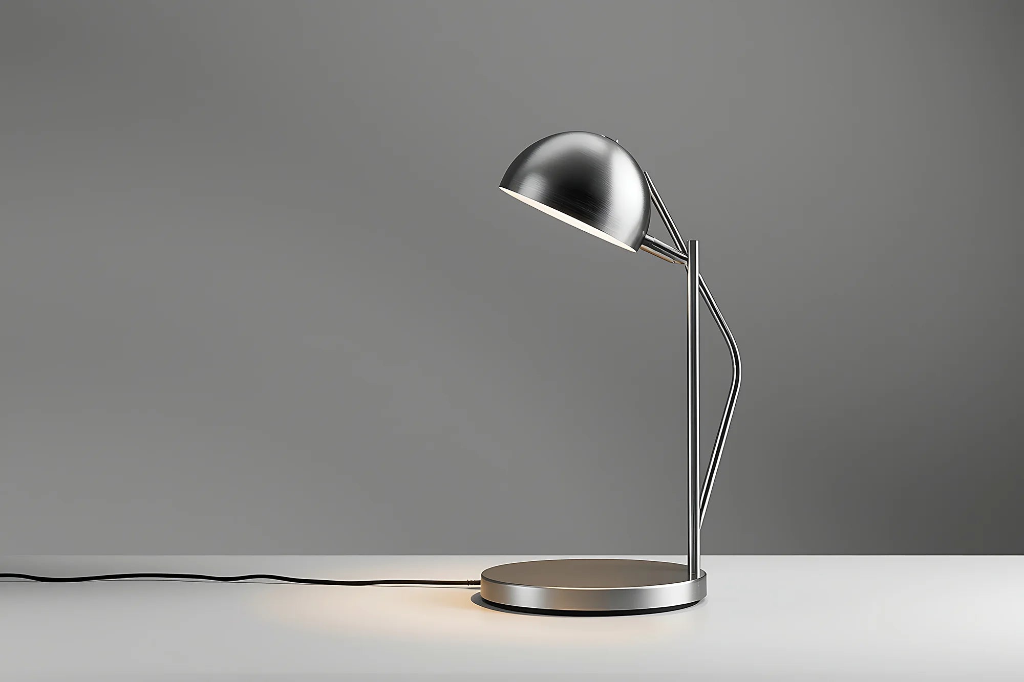 tischlampe, seitenansicht, auf heller flaeche, ruhiger grauer hintergrund