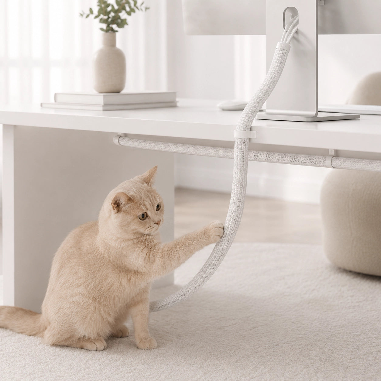 LineSleeve, Anwendungsansicht unter dem Schreibtisch, Weiß, mit spielender Katze im Homeoffice