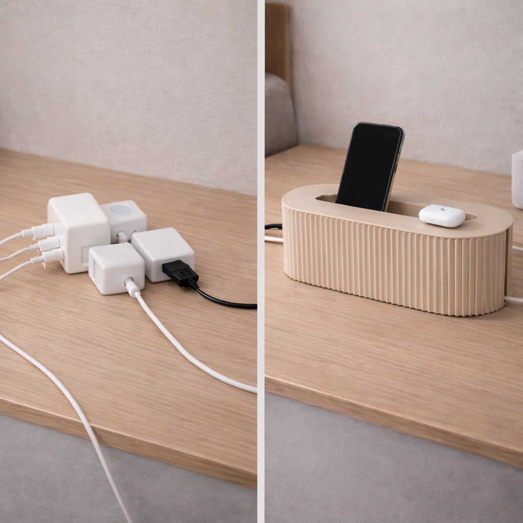 PowerVault Kabelbox, Kabelmanagement vor und nach der Nutzung, Beige-Grau, Holzoberfläche