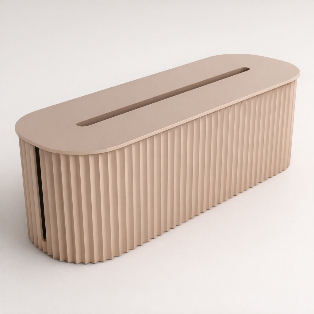 PowerVault Kabelbox mit Deckel, 3/4-Frontansicht, Beige-Grau