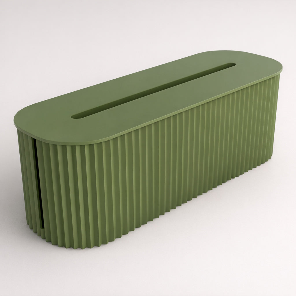 PowerVault Kabelbox mit Deckel, 3/4-Frontansicht, Salbei-Grün